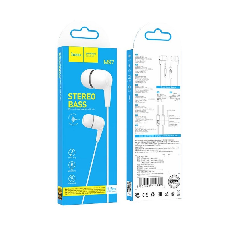 Austiņas ar vadu Universal earphones universal with mic M97 Balta