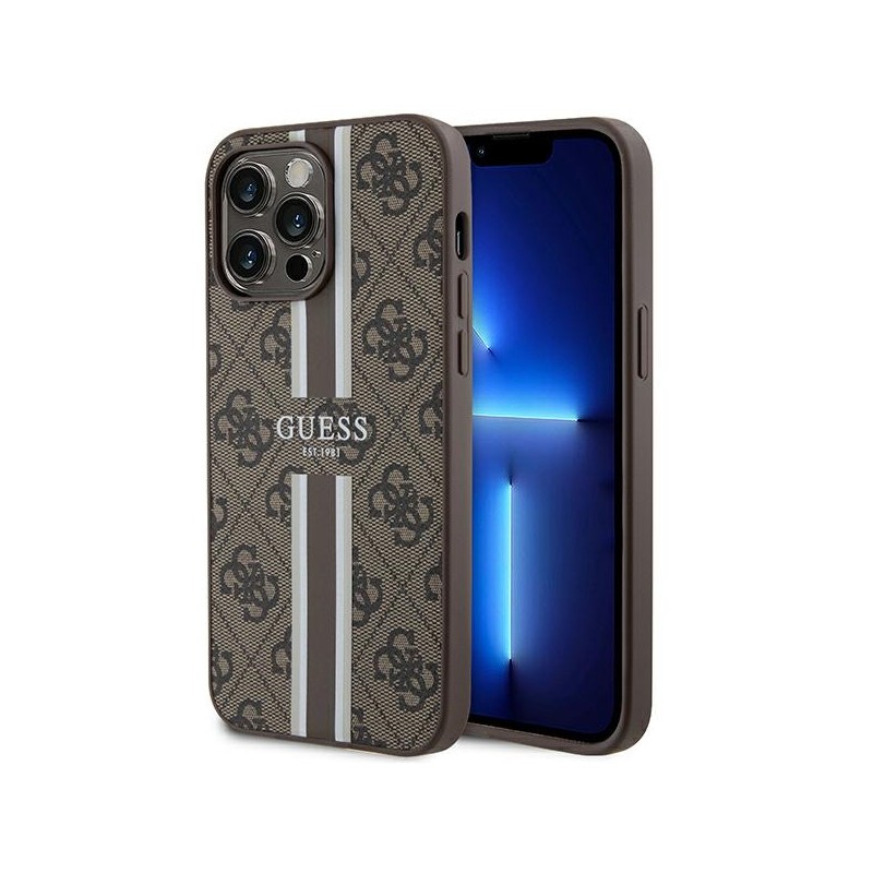 Guess GUHMP15XP4RPSW iPhone 15 Pro Max 6.7" brązowy/brown hardcase 4G Printed Stripes MagSafe