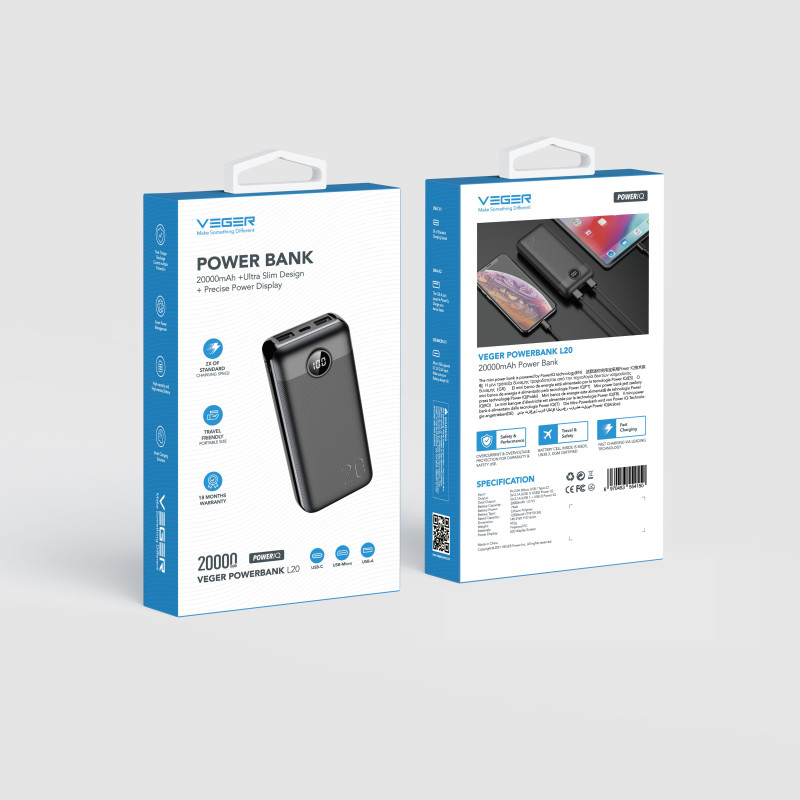 Väline aku Veger L20S 20000 mAh PD QC 3 Must