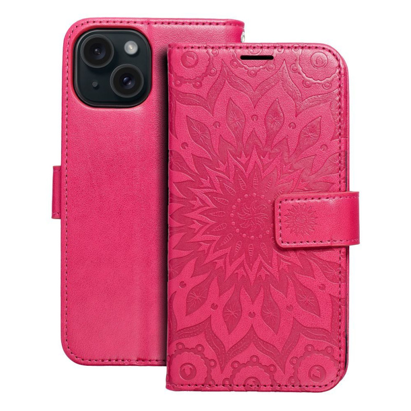 Viedtālruņa atveramais maciņš Apple Iphone 15 Mezzo Book Mandala Magenta