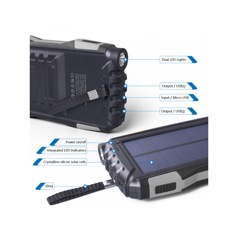 Ārējā baterija PSO-20007 20'000 mAh Solar Melna