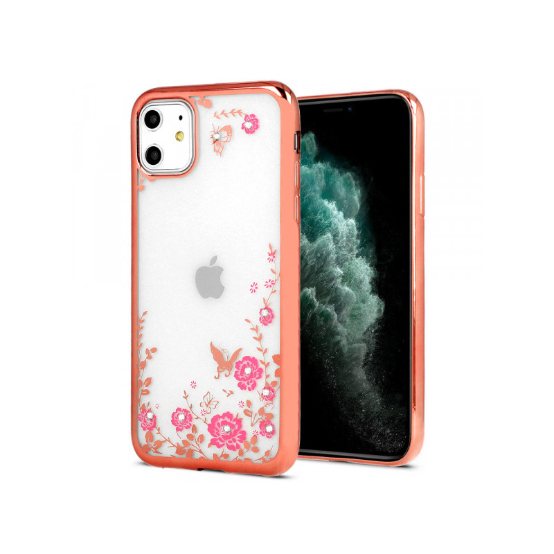 Viedtālruņa aizmugurējais vāciņš Apple iPhone 12 Pro Diamond Flower Rozā zelts, Caurspīdīga, Ar Dizainu