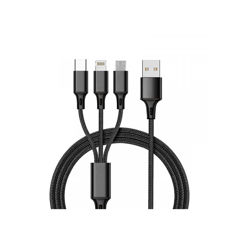 Kabelis Armor 3in1 USB-A to Lightning / Type-C / Micro USB Melna