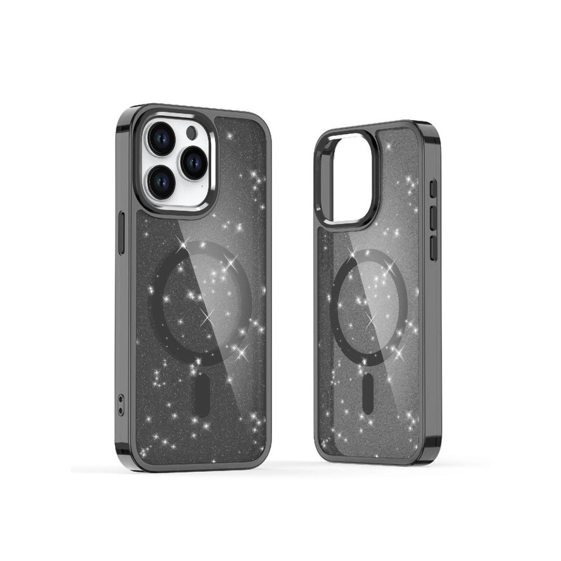 Viedtālruņa aizmugurējais vāciņš Apple Iphone 16 Glitter MagSafe Melna, Caurspīdīga