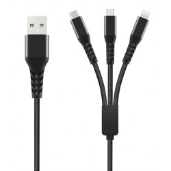 Kaabel Unravel Braided 3in1 USB-A - Lightning / Type-C / Micro USB kaabel Must