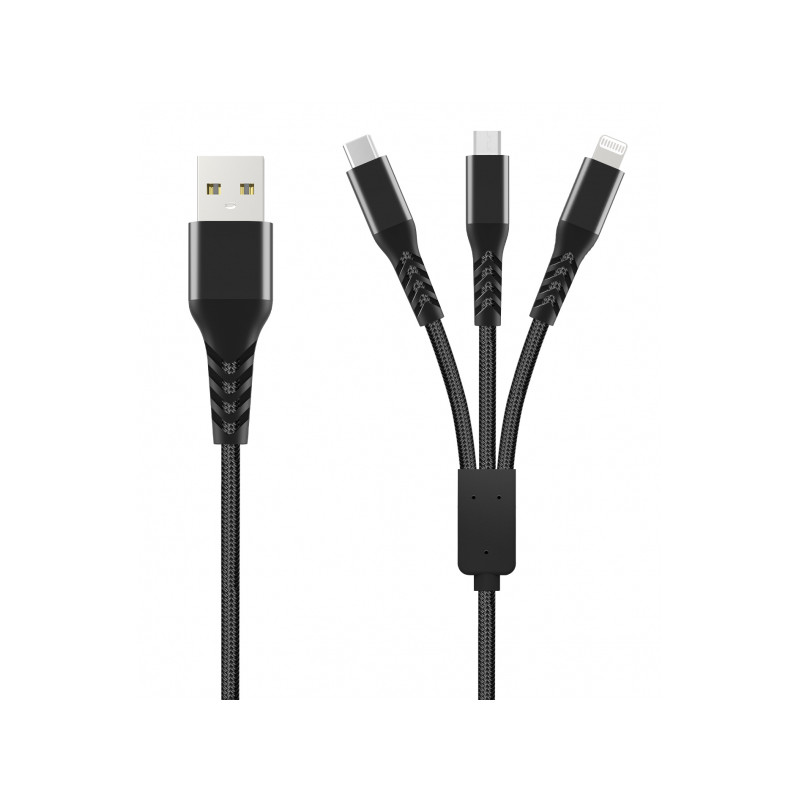 Kaabel Unravel Braided 3in1 USB-A - Lightning / Type-C / Micro USB kaabel Must