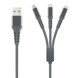 Kabelis Unravel Braided 3in1 USB-A to Lightning / Type-C / Micro USB Pelēka