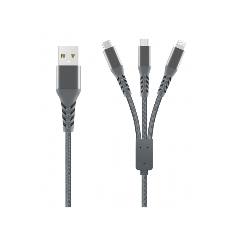 Kabelis Unravel Braided 3in1 USB-A to Lightning / Type-C / Micro USB Pelēka