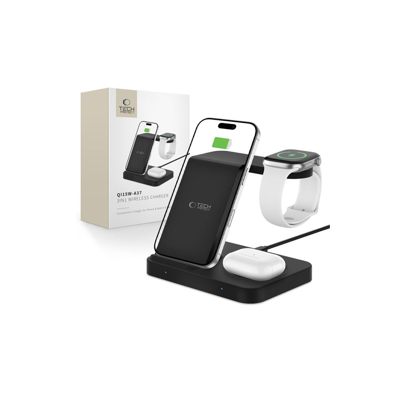 Bezvadu lādētājs QI15W-A37 3in1 Induction Wireless Charger 15W Melna