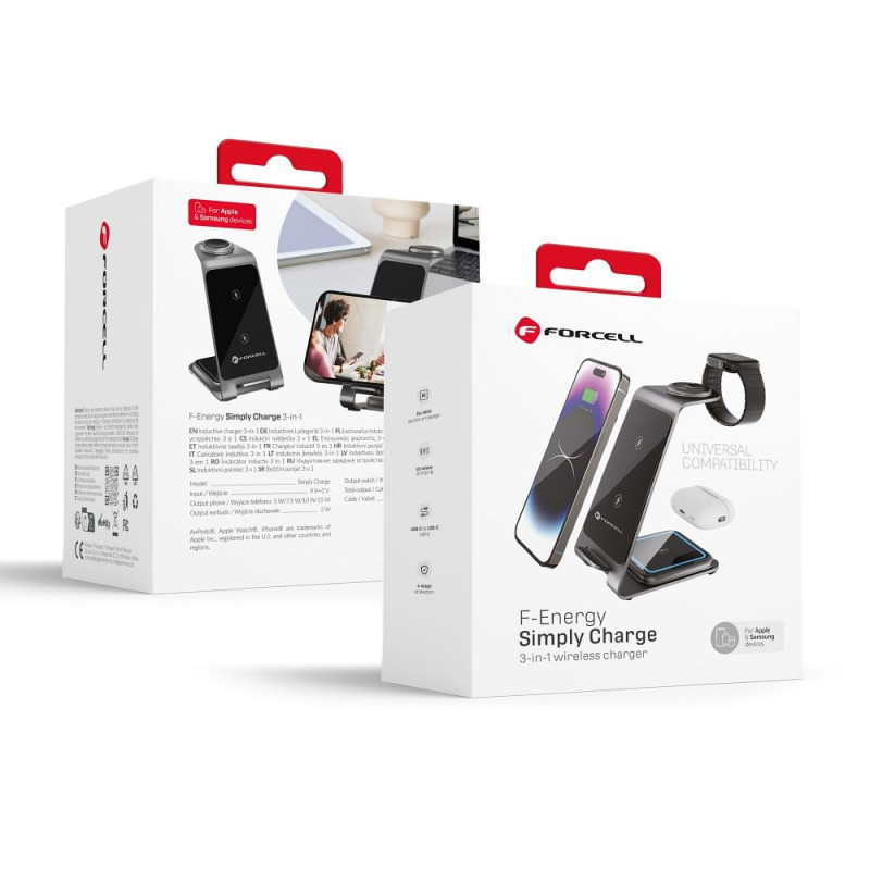 Bezvadu lādētājs Wireless charger Forcell FEnergy 3in1 Simply Charge aluminium compatible with Apple Watch and Samsung Pelēka