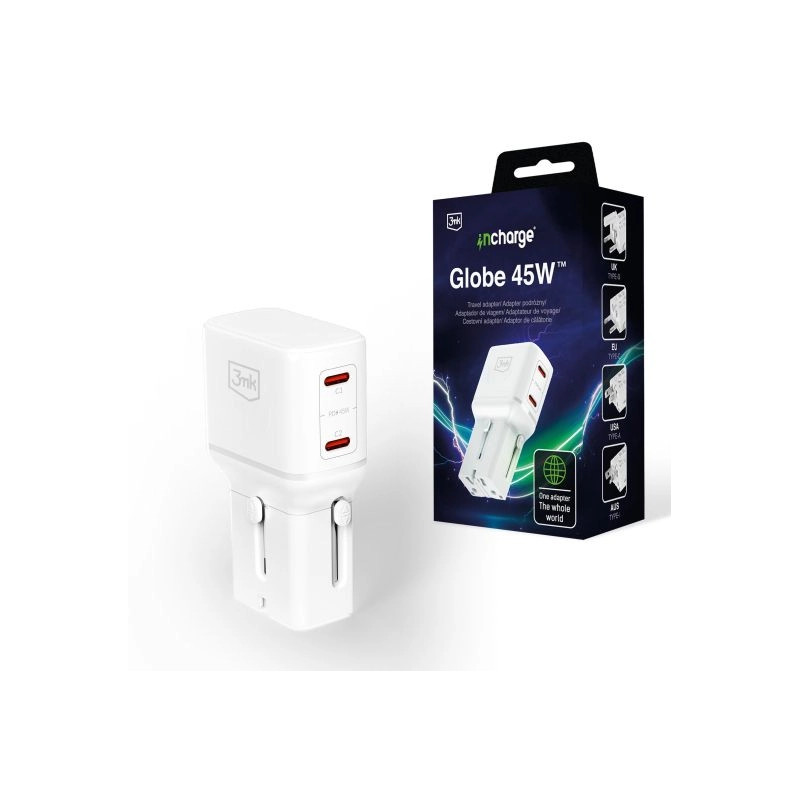Toiteadapter incharge Globe 45W 2C PD QC4 Valge