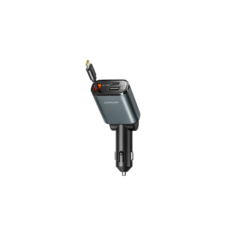 Auto lādētājs JR-CCL07 3-in-1 Car Charger with Built-in Retractable Cable Tumši pelēkā